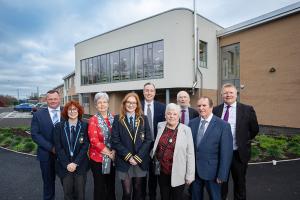 Education Minister, Principal, Board of Governors and pupils at the official opening of the new £4.4 million extension at Parkhall Integrated College.