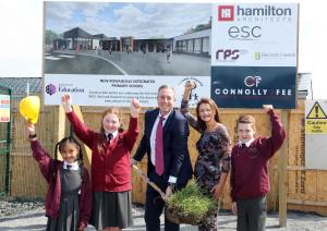 Education Minister with Principal Frances Hughes and pupils at Rowandale Integrated PS, Moira 